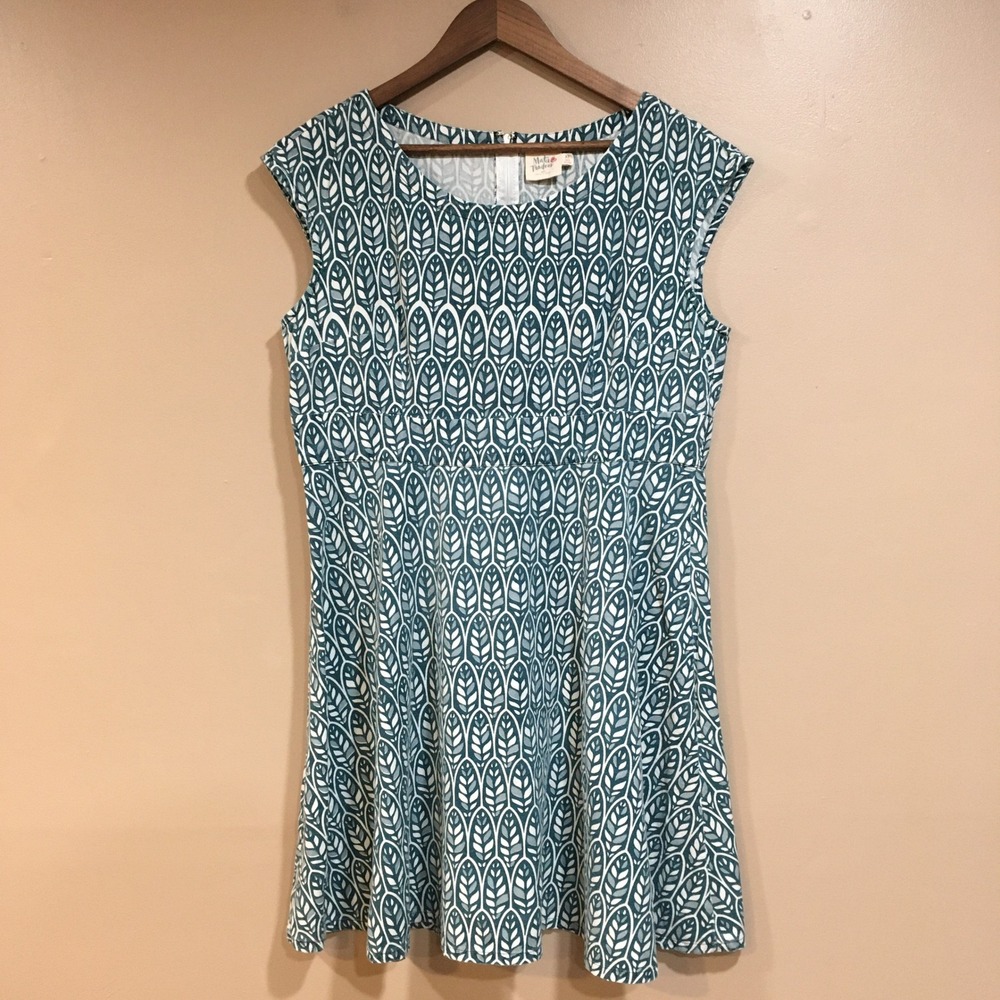 Mata‎ Traders Fit & Flare Dress Womens XL Teal Blue White Leaf Print Sustainable